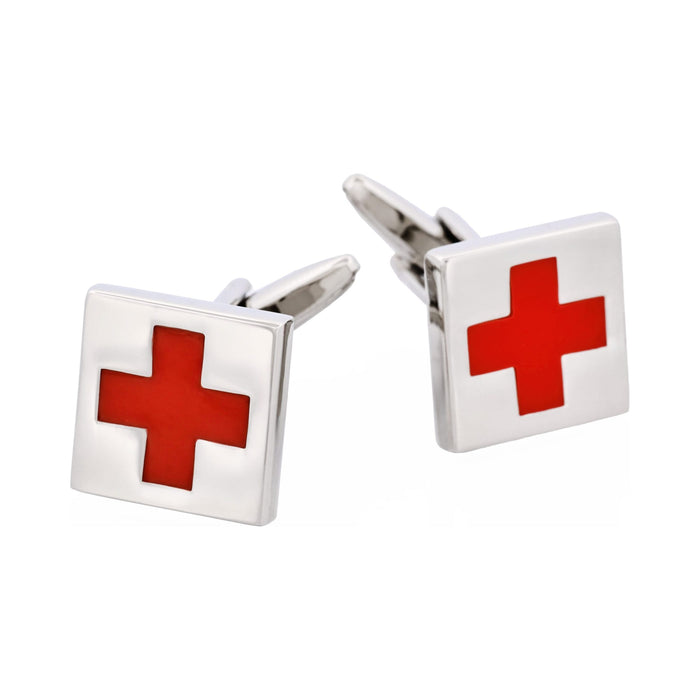 Rhodium Plated - Red Cross Enamel Cufflinks