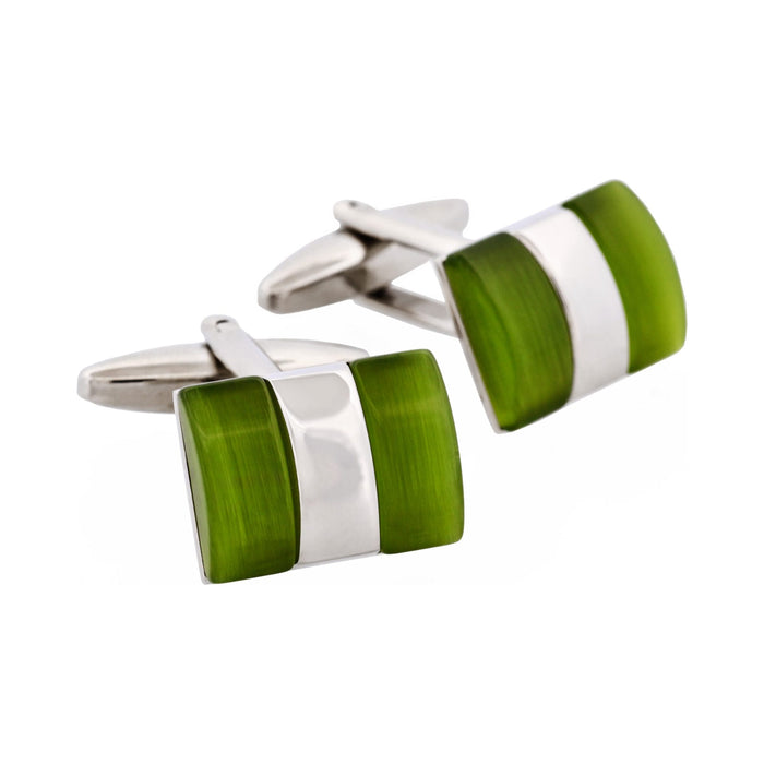 Rhodium Plated Apple Green Cat's Eye Cufflinks