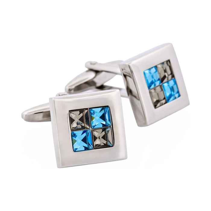 Rhodium Plated Black Diamond & Aquamarine Crystal Check Cufflinks