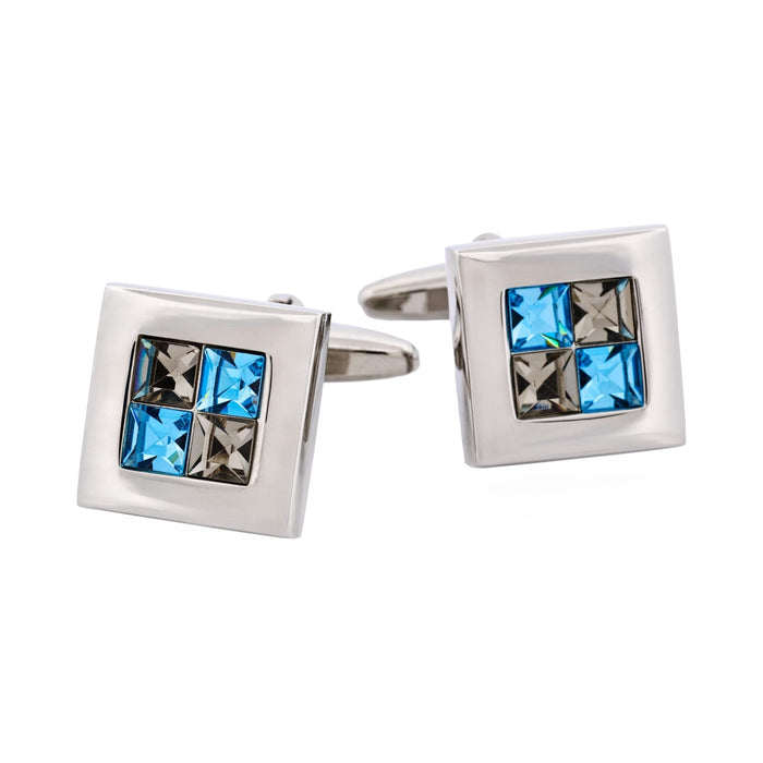 Rhodium Plated Black Diamond & Aquamarine Crystal Check Cufflinks