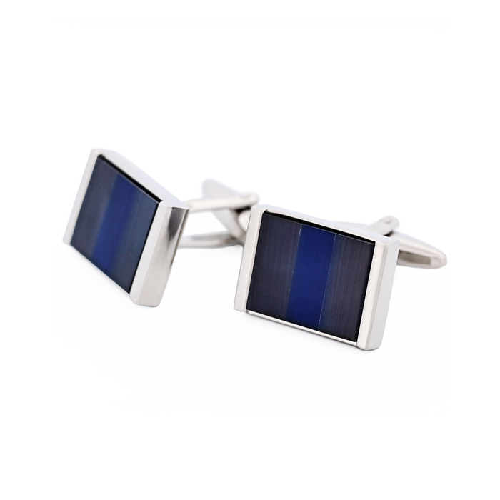 Rhodium Plated Black & Navy Cat's Eye Rectangle Cufflinks