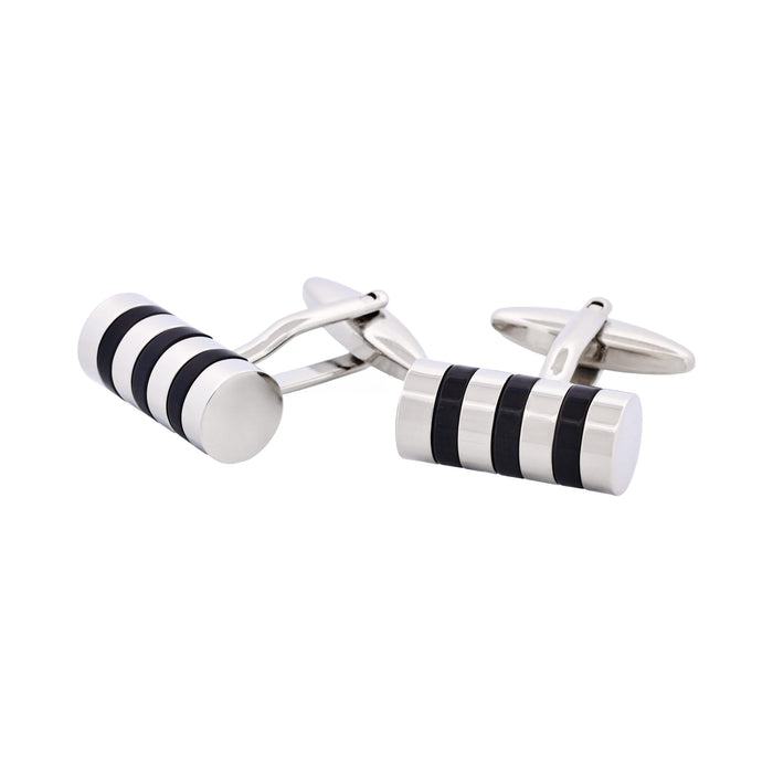 Rhodium Plated & Black Resin Striped Tube Cufflinks