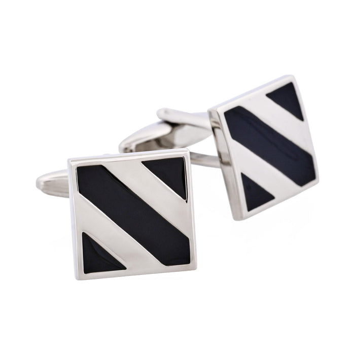 Rhodium Plated Black Striped Enamel Square Cufflinks