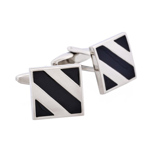 Rhodium Plated Black Striped Enamel Square Cufflinks