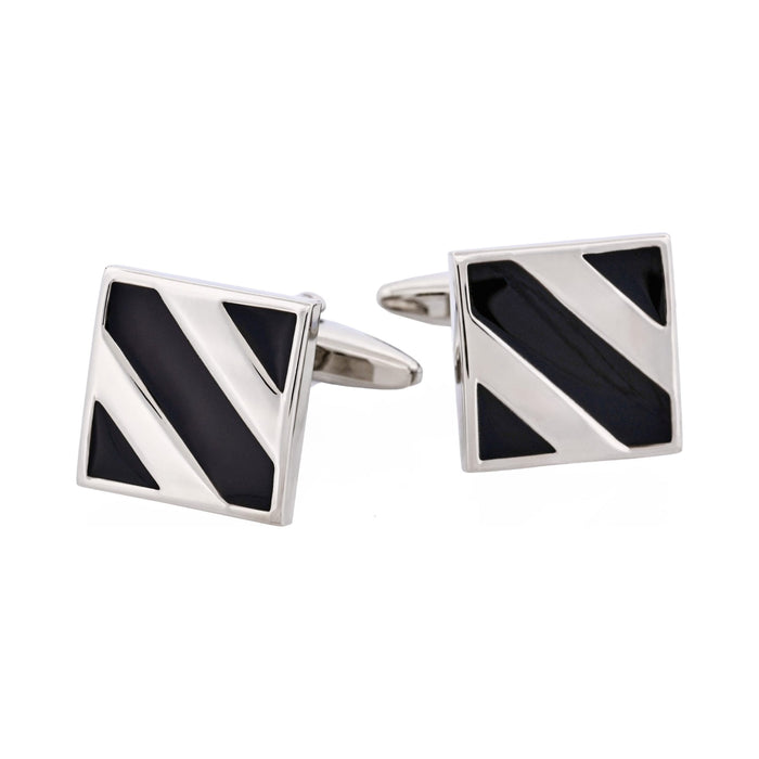 Rhodium Plated Black Striped Enamel Square Cufflinks
