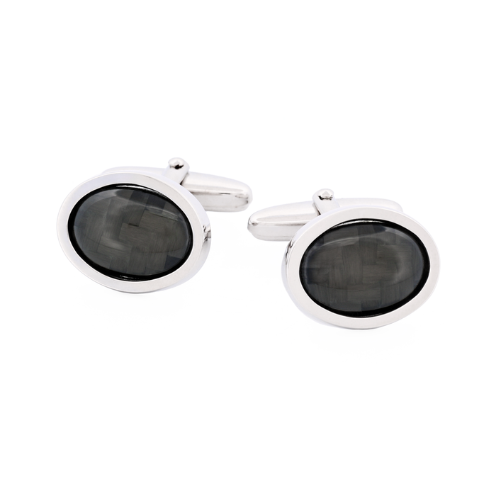 Rhodium Plated Carbon Fibre Oval Cufflinks