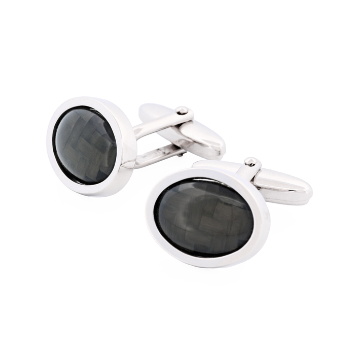 Rhodium Plated Carbon Fibre Oval Cufflinks