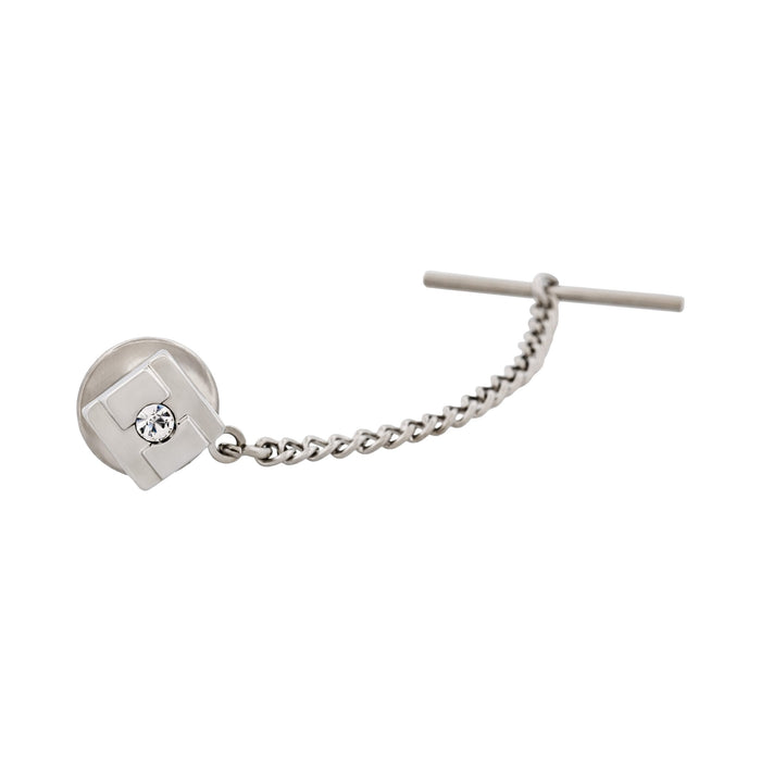 Rhodium Plated & Crystal Tie Tak & Chain