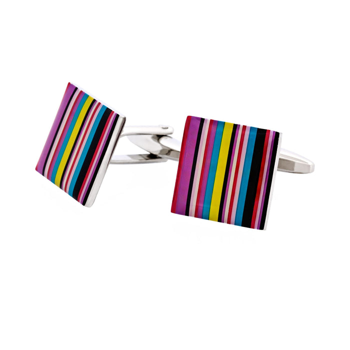 Rhodium Plated Enamel Multi Stripe Cufflinks
