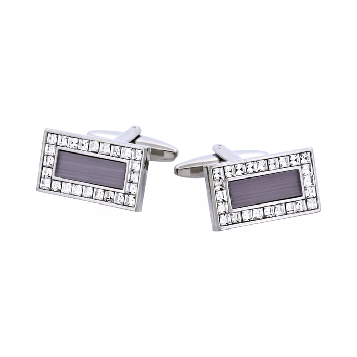 Rhodium Plated Grey Cat's Eye & Crystal Rectangle Cufflinks