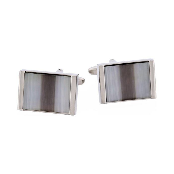 Rhodium Plated Grey & Charcoal Cat's Eye Rectangle Cufflinks