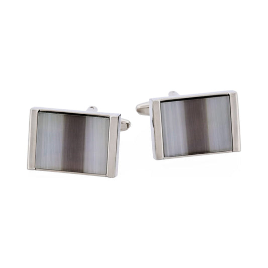 Rhodium Plated Grey & Charcoal Cat's Eye Rectangle Cufflinks