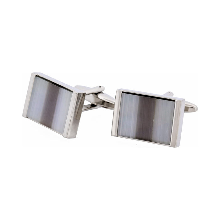 Rhodium Plated Grey & Charcoal Cat's Eye Rectangle Cufflinks