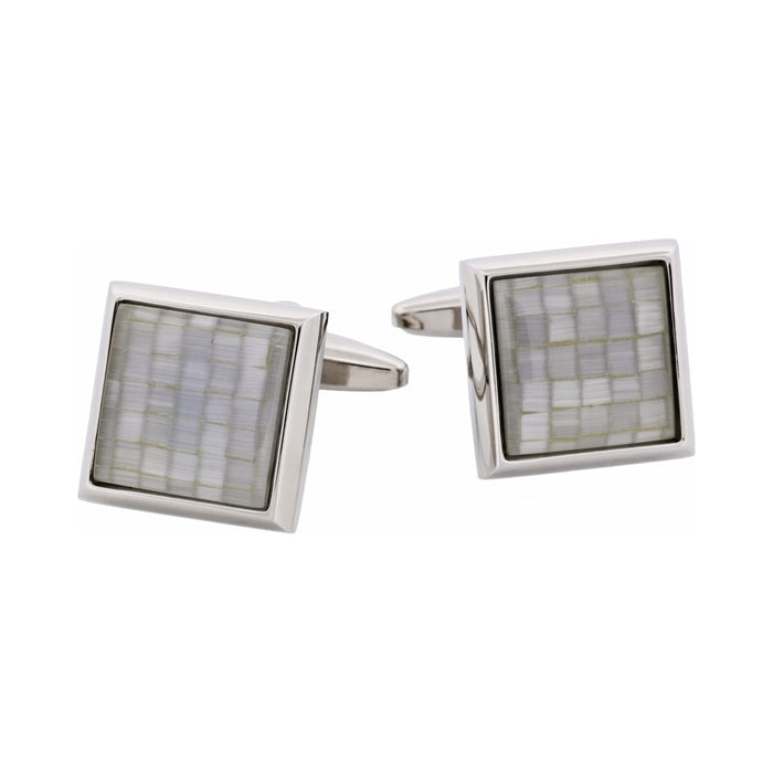 Rhodium Plated Grey Mosaic Cat's Eye Square Cufflinks