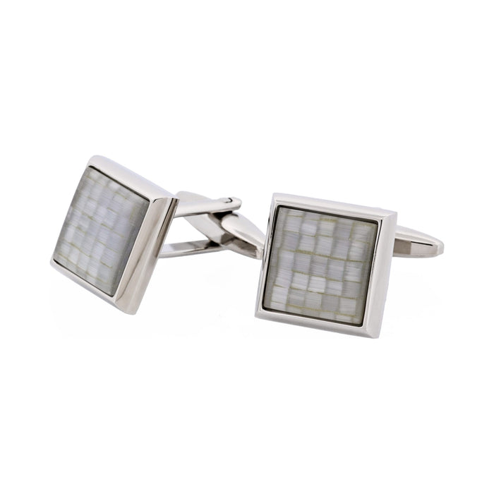Rhodium Plated Grey Mosaic Cat's Eye Square Cufflinks