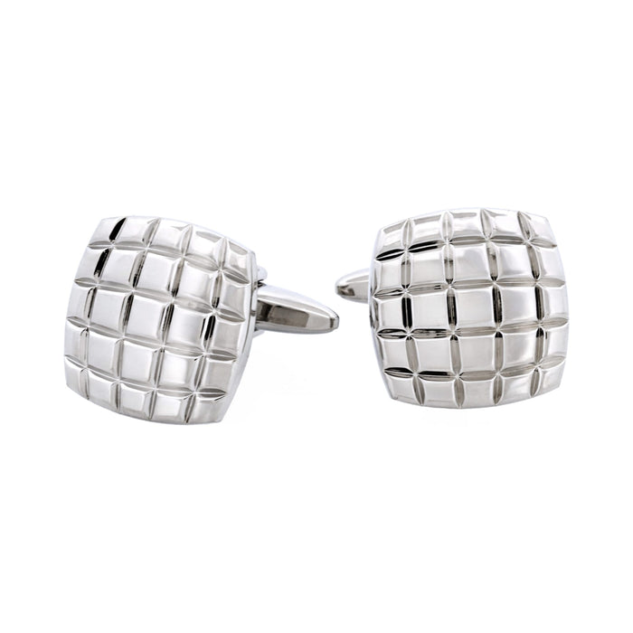 Rhodium Plated Grid-Cut Cushion Shape Cufflinks
