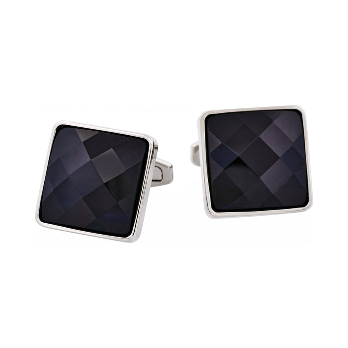 Rhodium Plated & Large Square Jet Cut Crystal Cufflinks