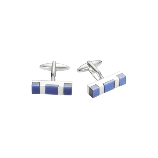 Rhodium Plated Navy Cat's Eye Rectangle Cufflinks
