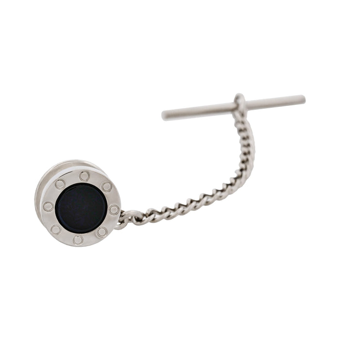 Rhodium Plated & Onyx Tie Tak & Chain