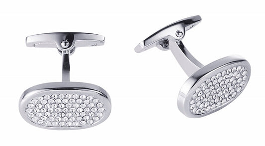 Rhodium Plated Oval Crystal Cufflinks