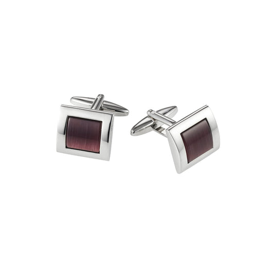 Rhodium Plated Purple Checked Cat's Eye Curved Cufflinks