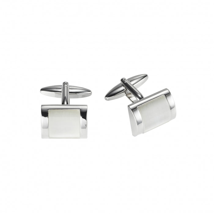 Rhodium Plated Rectangle Cufflinks with Curved Face White Cat's Eye Inlay