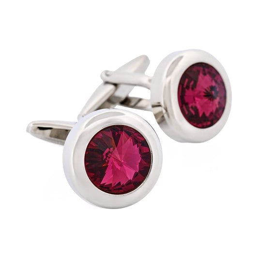 Rhodium Plated & Rose Quartz Crystal Round Cufflinks
