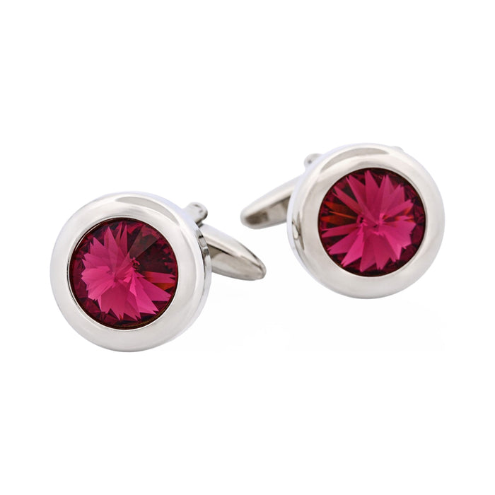 Rhodium Plated & Rose Quartz Crystal Round Cufflinks