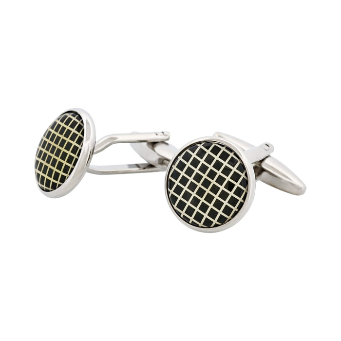Rhodium Plated Round Black Check Cufflinks