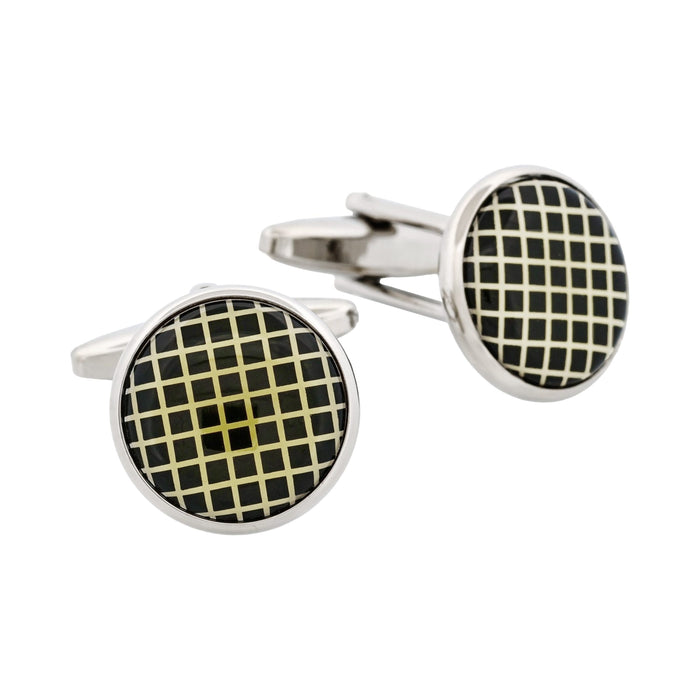Rhodium Plated Round Black Check Cufflinks
