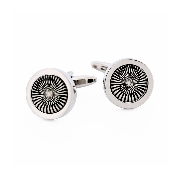 Rhodium Plated Round Cufflinks with Black & White Swirling Inlay