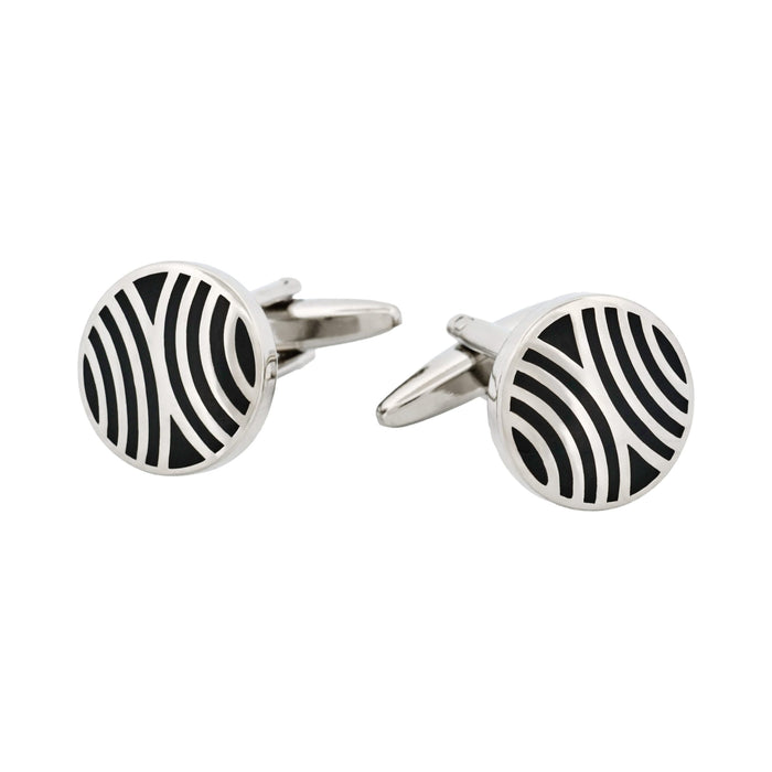 Rhodium Plated Round Cufflinks with Swirling Black Enamel
