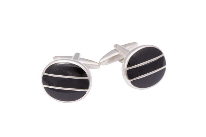 Rhodium Plated Round Curved Face Black Epoxy Cufflinks