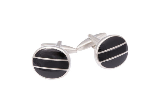 Rhodium Plated Round Curved Face Black Epoxy Cufflinks
