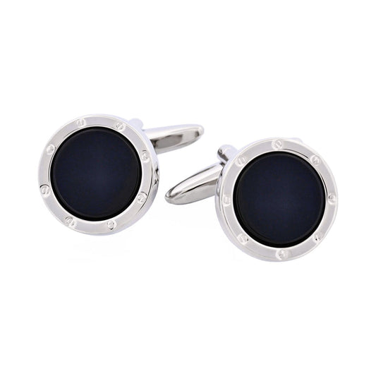 Rhodium Plated & Round Onyx Cufflinks with Screws