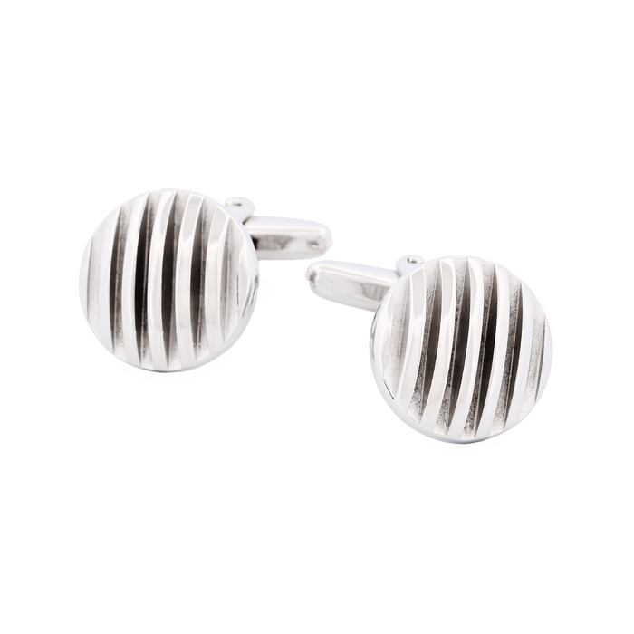 Rhodium Plated Self Striped 3d Round Cufflinks