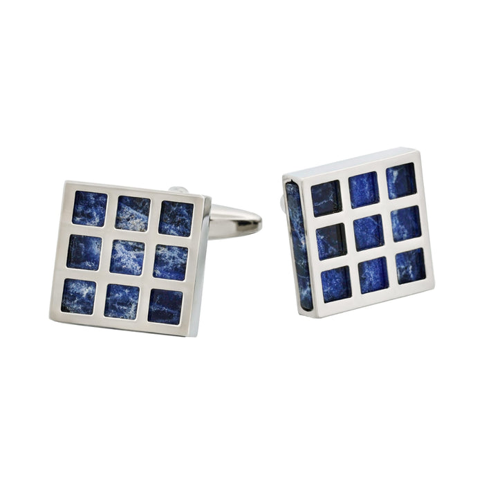 Rhodium Plated Square Patterned Lapis Lazuli Cufflinks