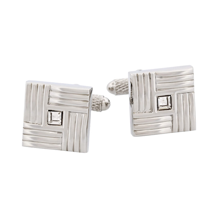 Rhodium Plated Square Patterned with Crystal Centre Cufflinks
