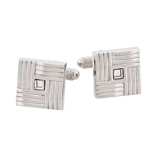 Rhodium Plated Square Patterned with Crystal Centre Cufflinks