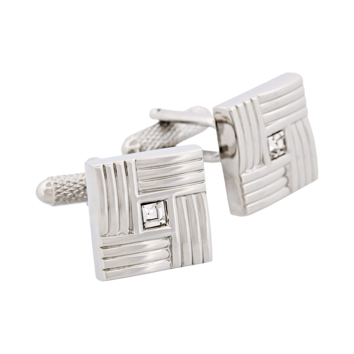Rhodium Plated Square Patterned with Crystal Centre Cufflinks