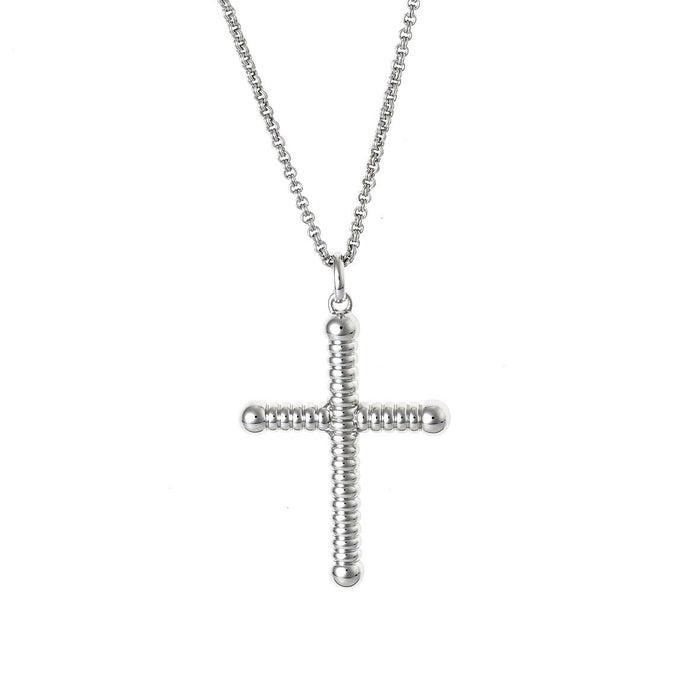 Rhodium Plated Sterling Silver Twisted Cross Pendant on Rolo Chain