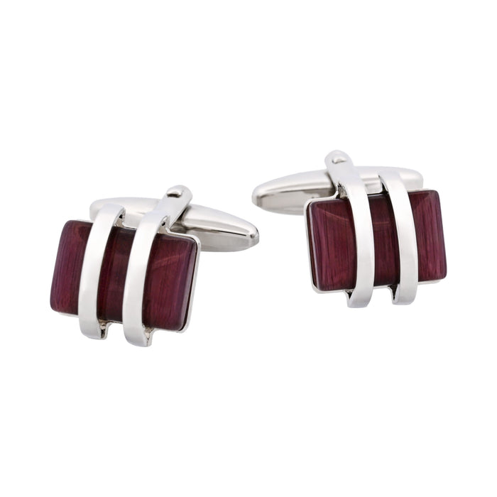 Rhodium Plated Striped with Purple Cat's Eye Cufflinks