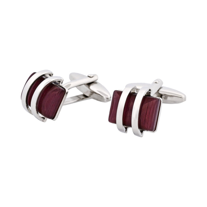 Rhodium Plated Striped with Purple Cat's Eye Cufflinks