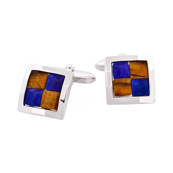 Rhodium Plated & Tiger Eye & Lapis Lazuli Check Cufflinks