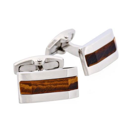 Rhodium Plated & Tiger Eye Rectangle Cufflinks