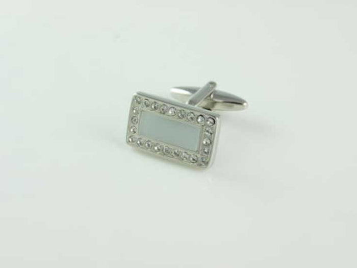 Rhodium Plated White Cat's Eye & Crystal Rectangle Cufflinks