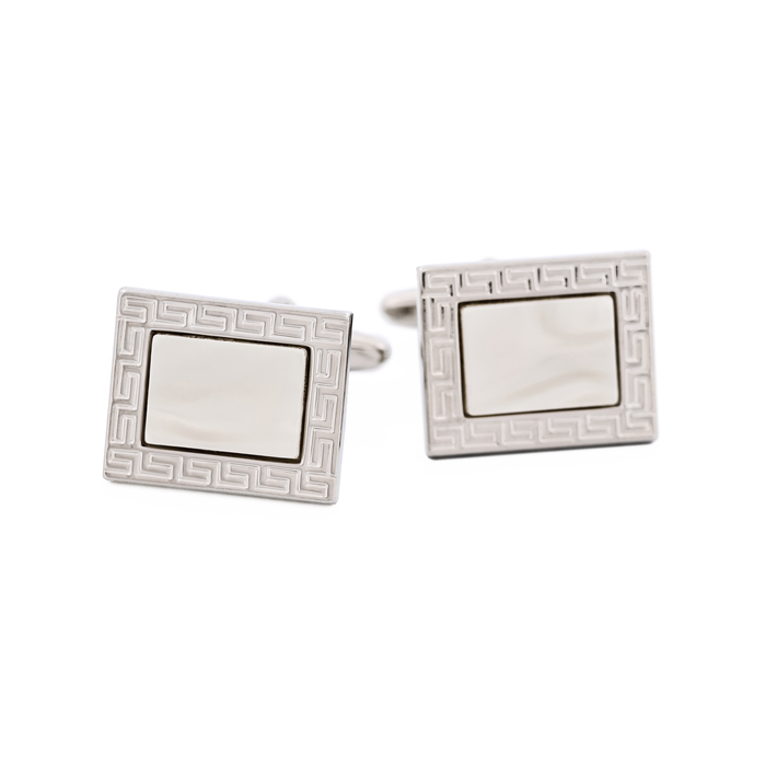 Rhodium Plated & White with Greek Key Pattered Cufflinks