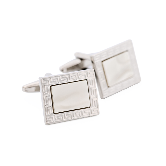 Rhodium Plated & White with Greek Key Pattered Cufflinks