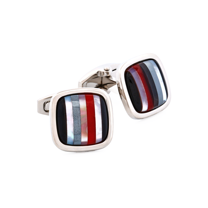 Rhodium Plated with Onyx & Mop & Hemataite & Black Lip Red Glass Cufflinks