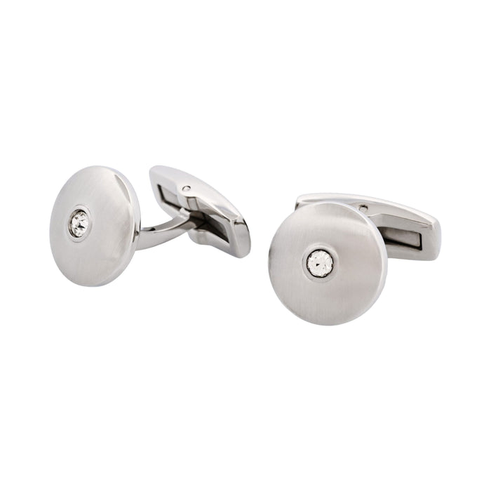 Round Brushed Stainless Steel with Cubic Zirconia Cuff Links